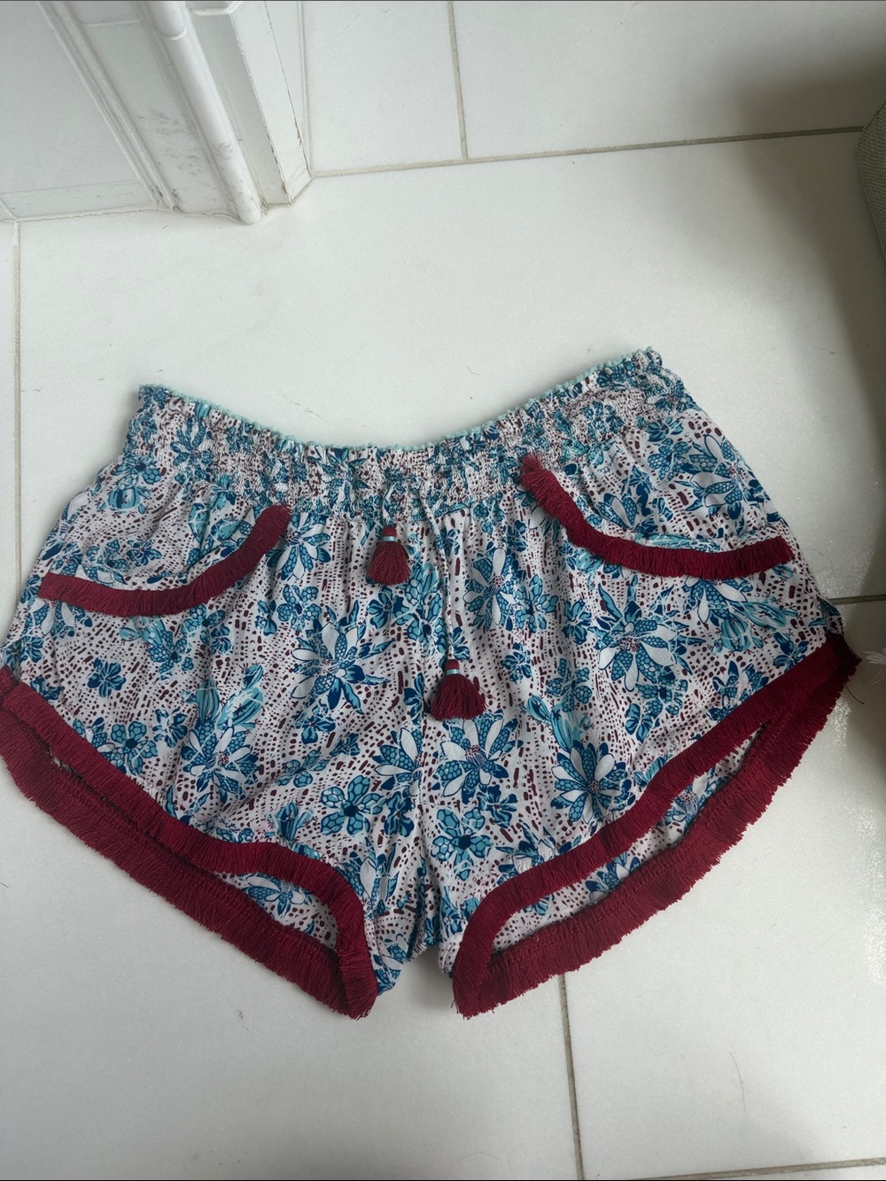 Poupette St. Barth Blue Floral Shorts with Burgundy Trim